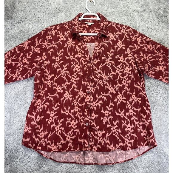 Knox Rose Boho Smocked Red Pink Aztec Floral Long Sleeve Top High Low XXL Button - Picture 2 of 12